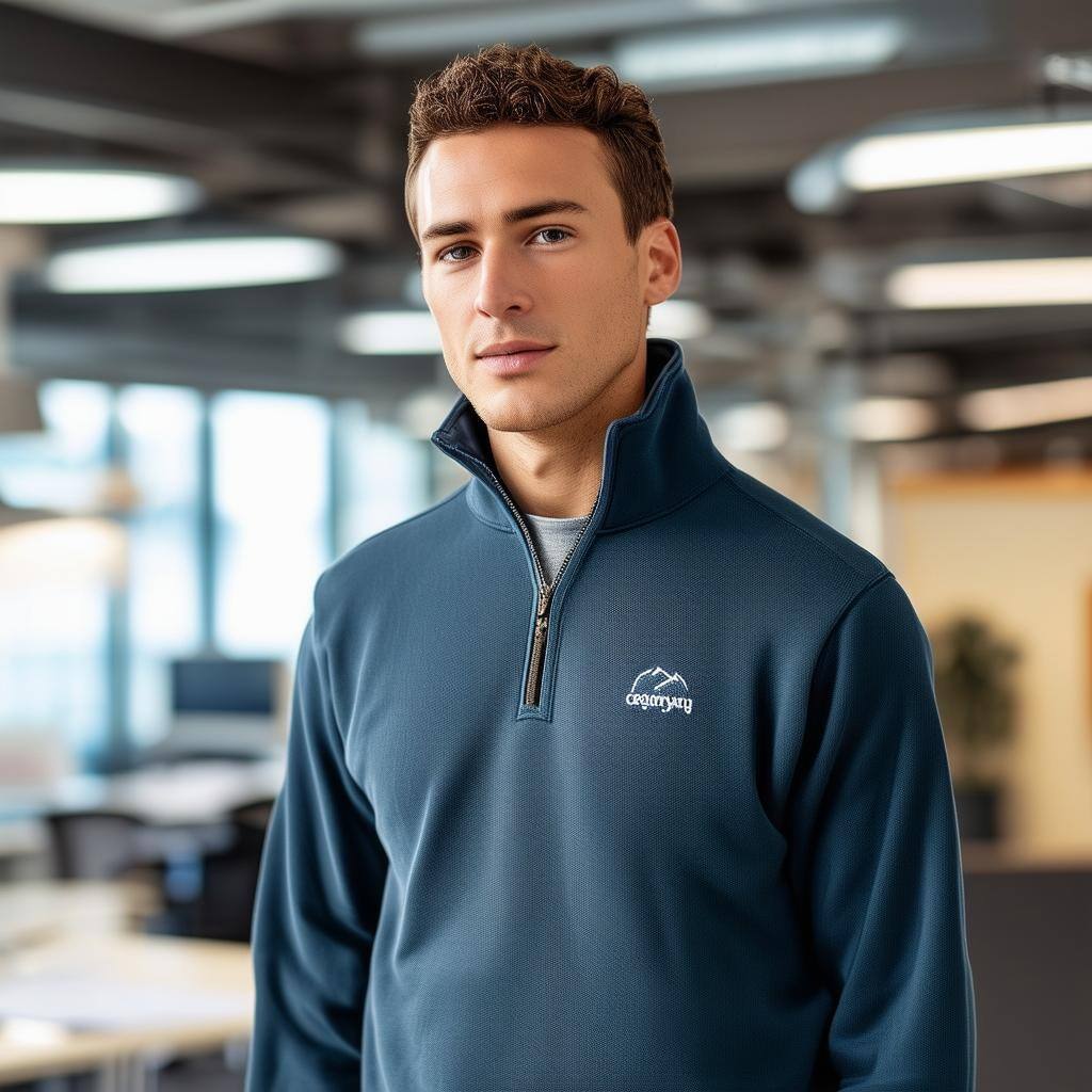 show a sample of an employee wearing a quarter zip pullover at work